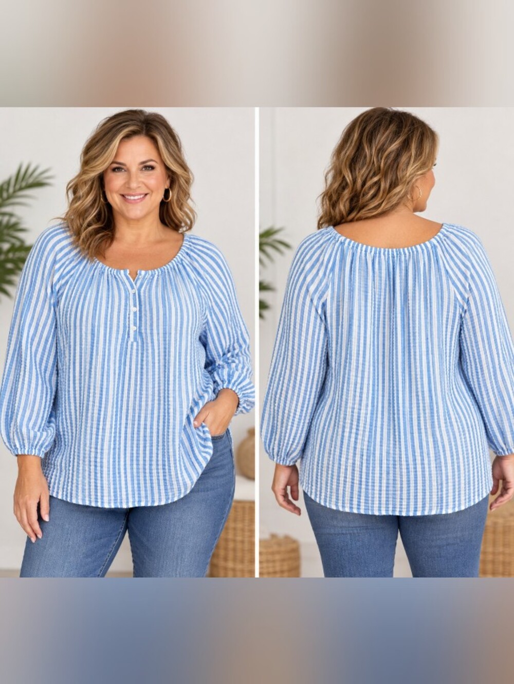 Old Navy Blue & White Striped Cottage Core 3/4Sleeve Cotton Peasant Blouse 2XL